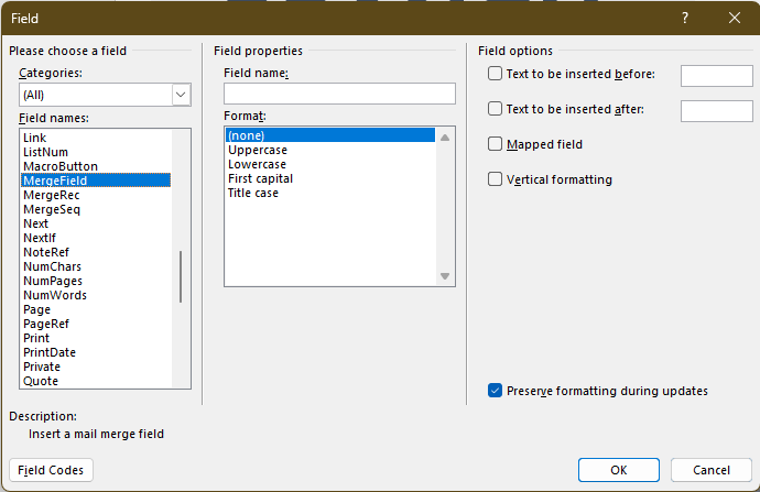 Field properties in Microsoft Word -screenshot