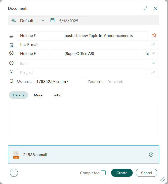 Document dialog with .somail file attached -screenshot