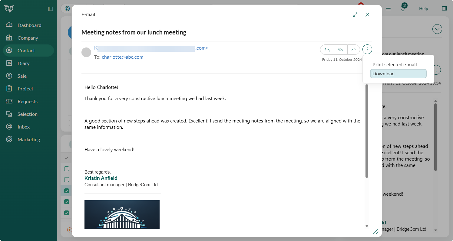 Task menu on an email -screenshot