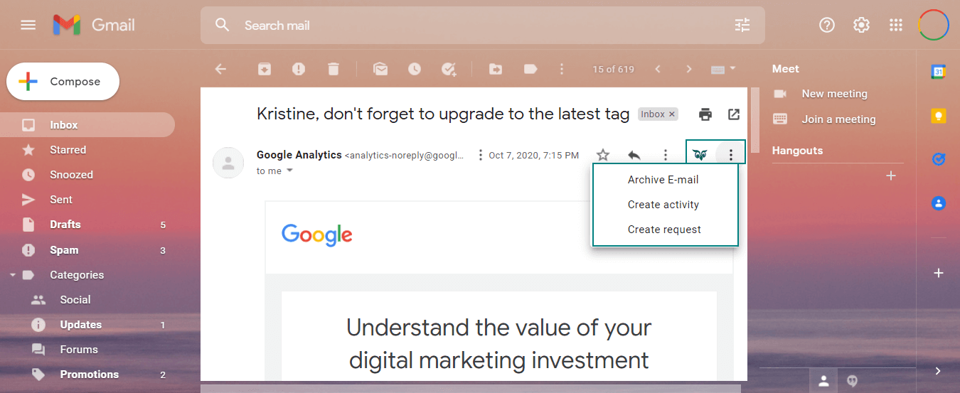 When you have SuperOffice Gmail Link installed, you can archive email, create activity or request -screenshot