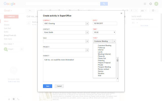Save the email as activity in SuperOffice CRM -screenshot