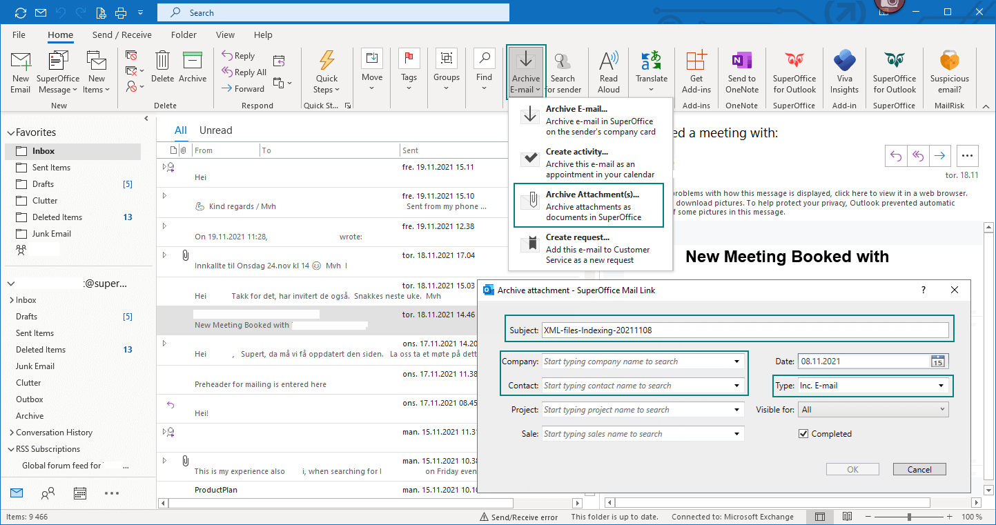 Use Mail Link in Outlook to archive an email attachment in your inbox to SuperOffice CRM -screenshot