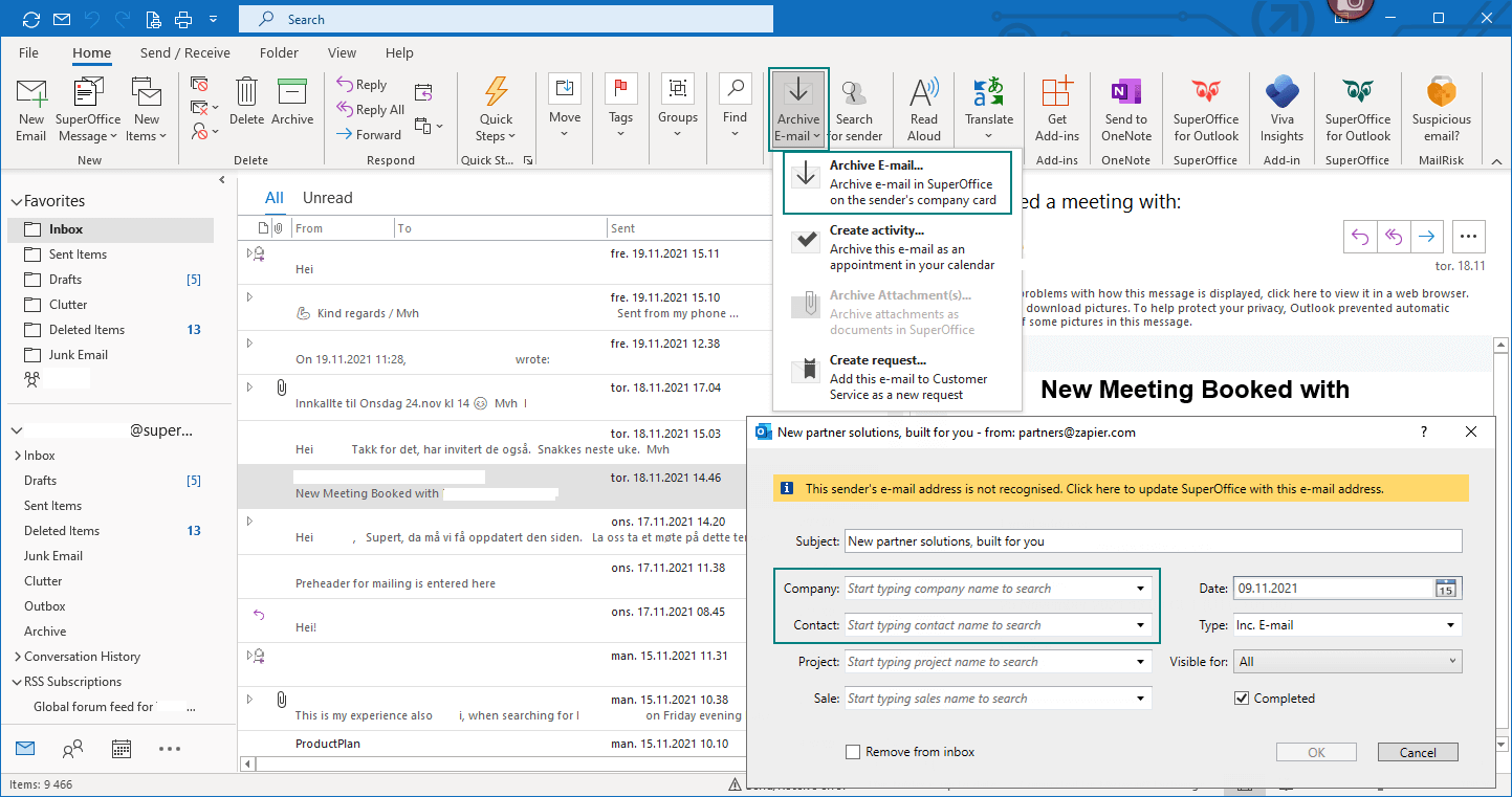 In Outlook select the Archive Email button and if email address are stored in SuperOffice CRM, the field company and contact are automatically added -screenshot