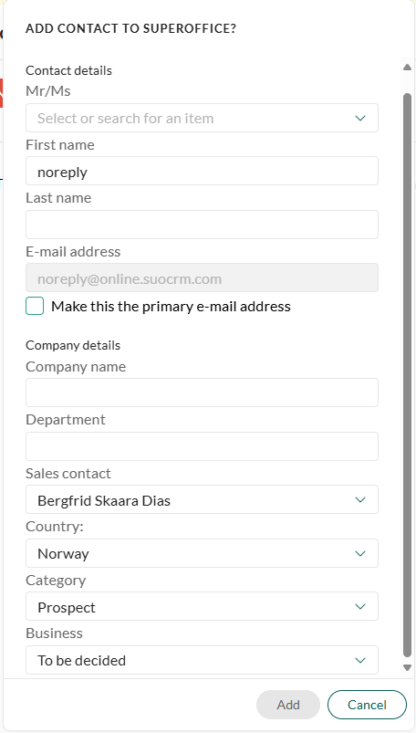 Add contact dialog in SuperOffice Inbox -screenshot