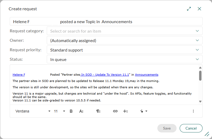 Create request dialog with email content inserted as message -screenshot