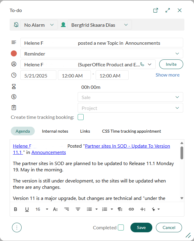 Follow-up dialog with email content inserted as agenda -screenshot