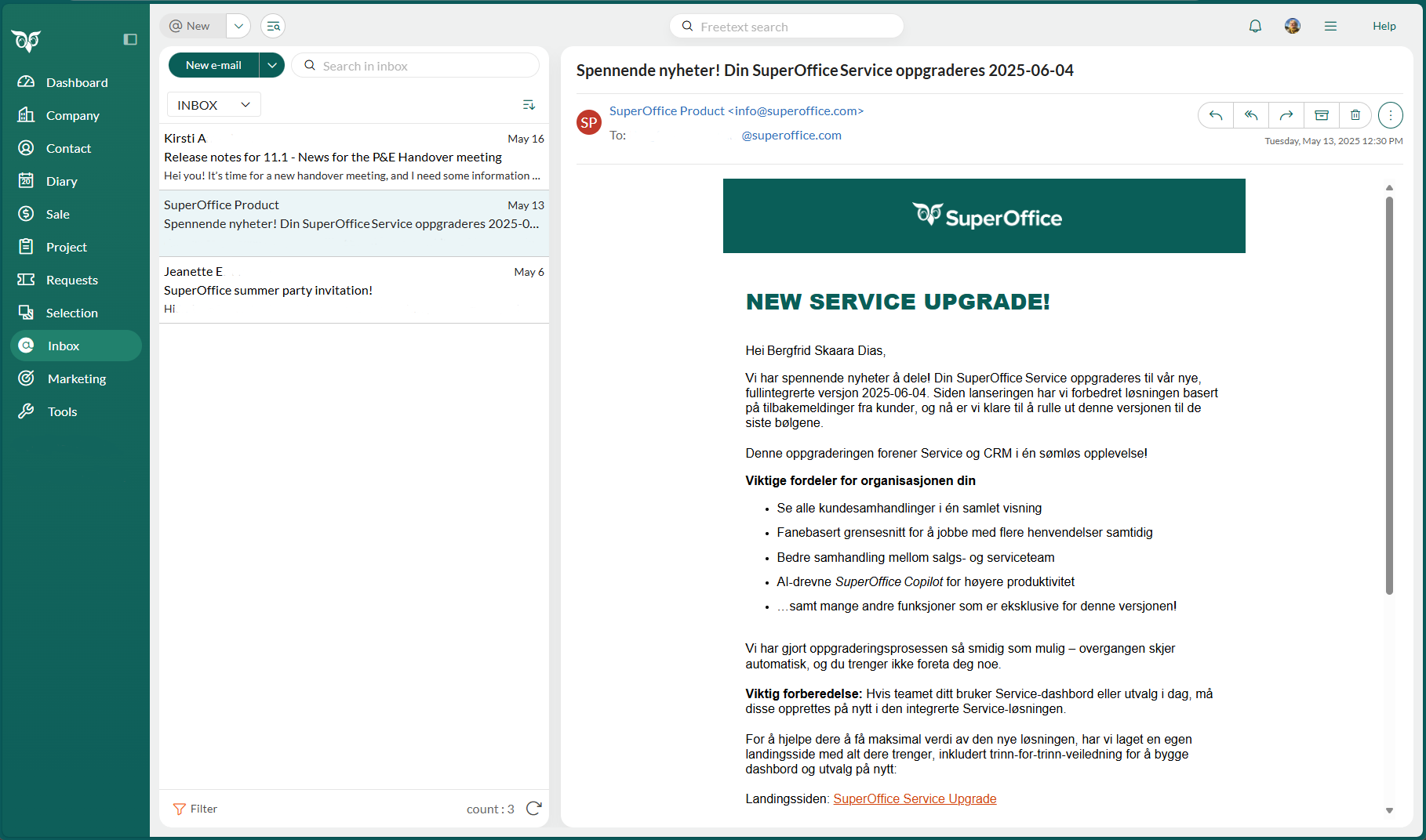 Email preview with message selected and actions available -screenshot