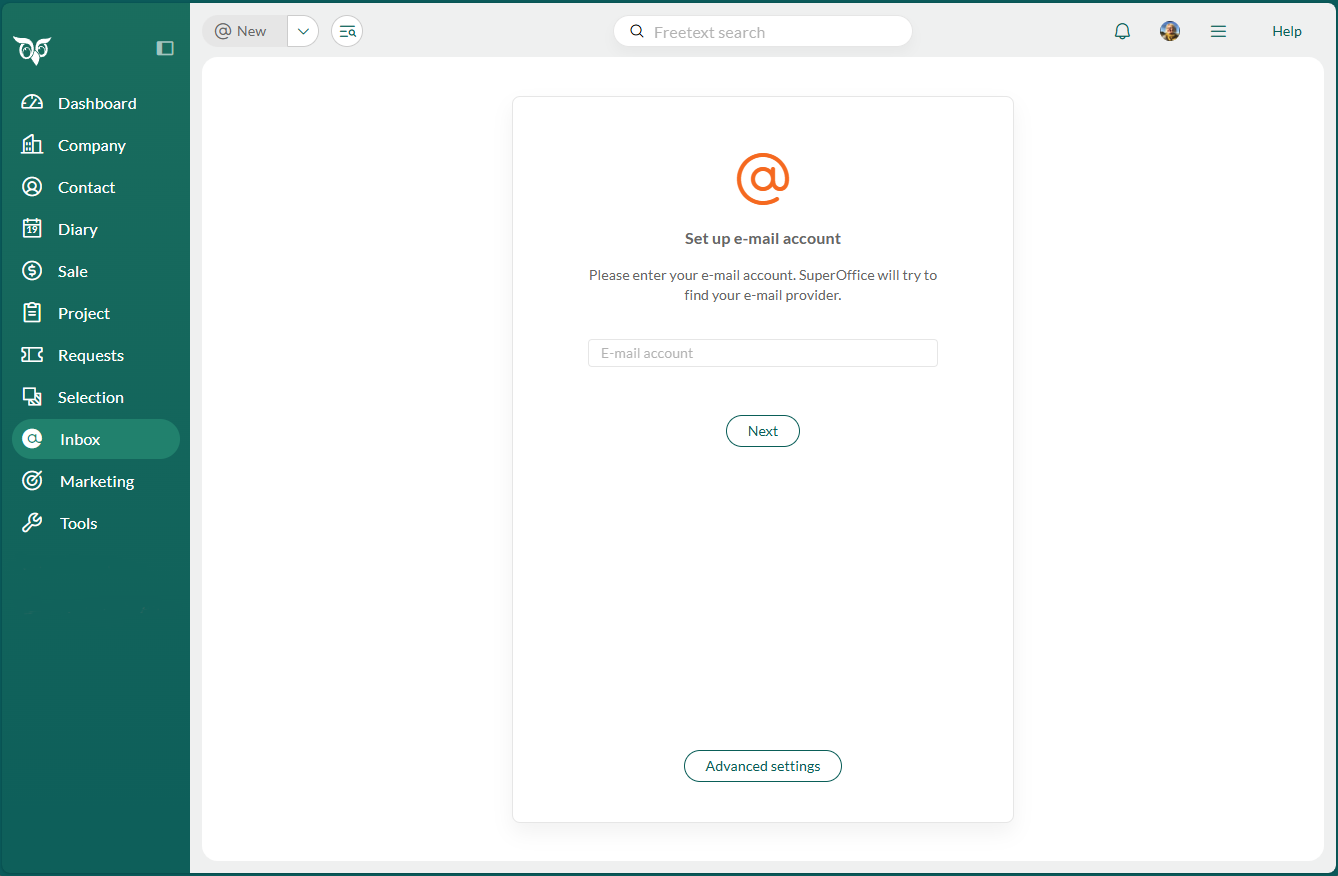 Set up email account dialog showing email field and Next button -screenshot