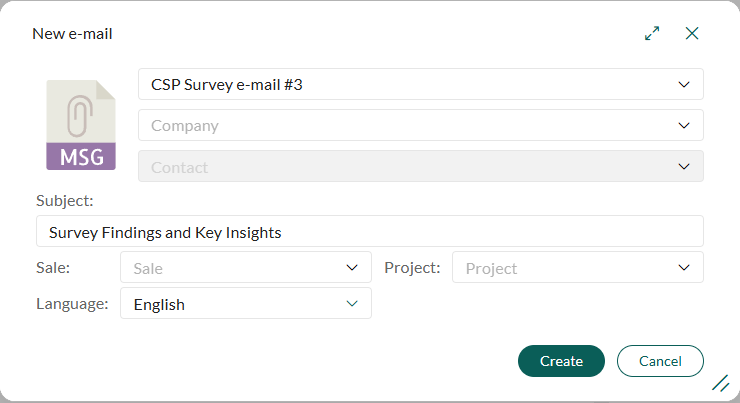 Template prompt dialog with fields for sale, project, and language -screenshot