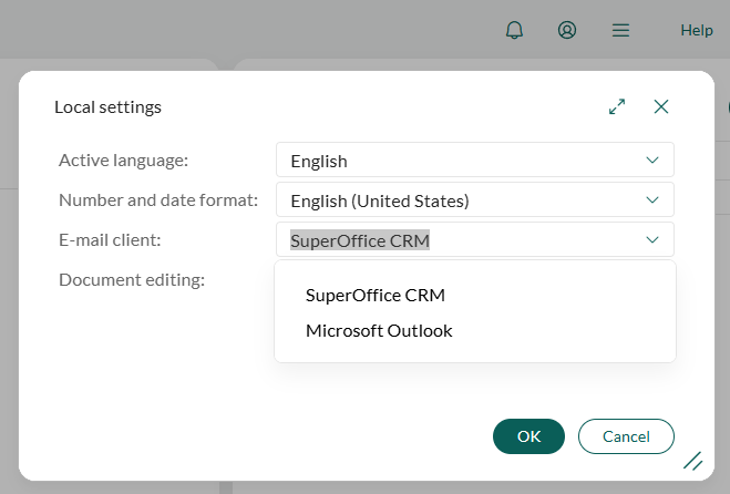 Local settings dialog showing email client options -screenshot