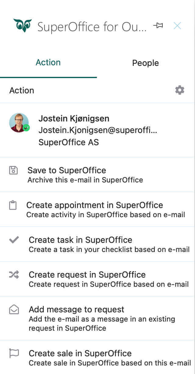 Use Mail link in Outlook to convert an email into a meeting or to-do in SuperOffice CRM -app-screen