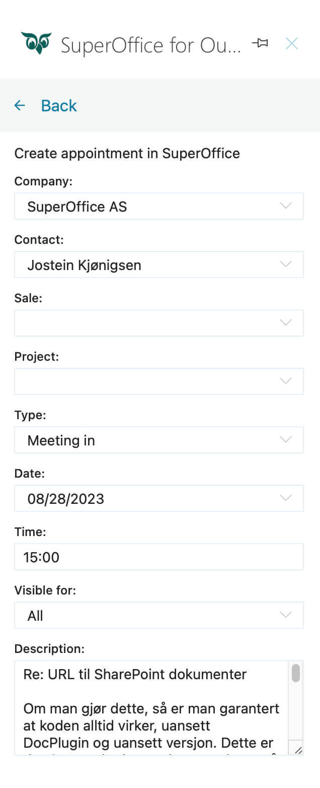 Mail link: create meeting in SuperOffice CRM -app-screen