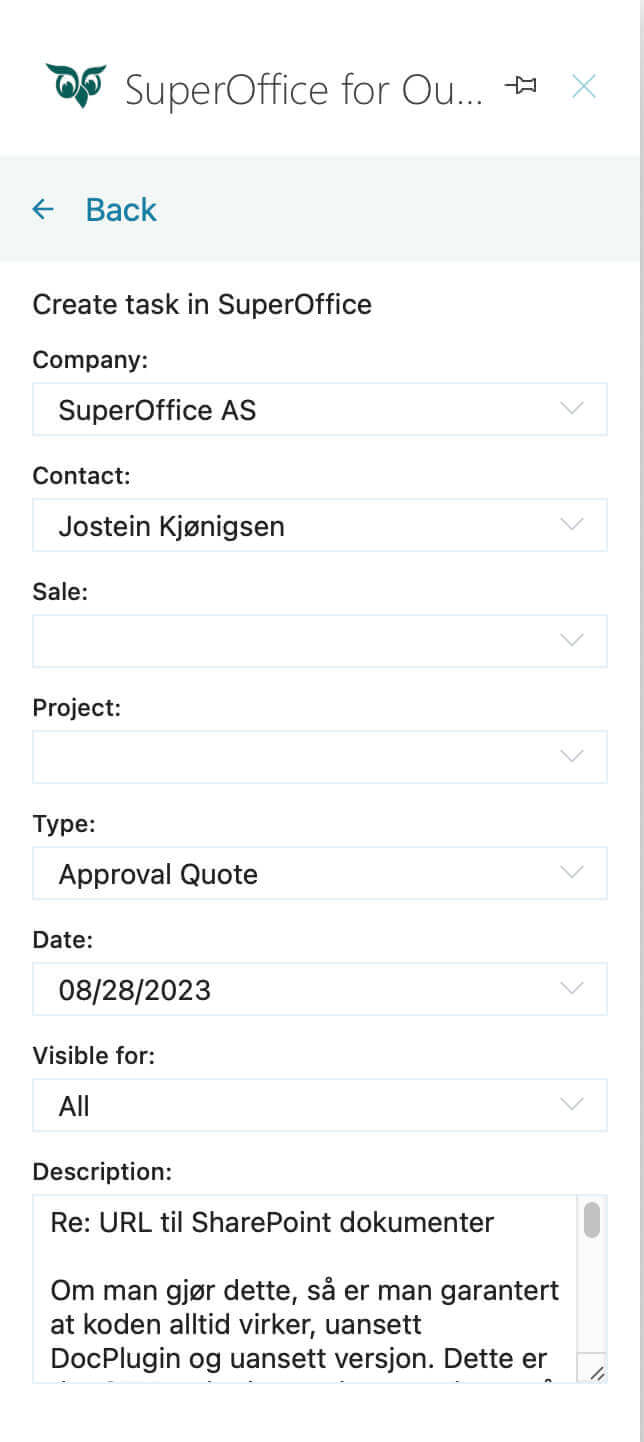 Mail link: create task in SuperOffice CRM -app-screen