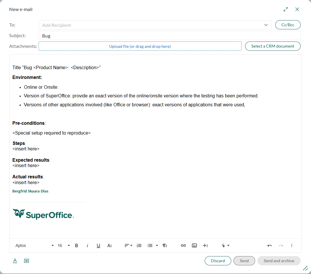 Email editor with prefilled subject and body from template -screenshot