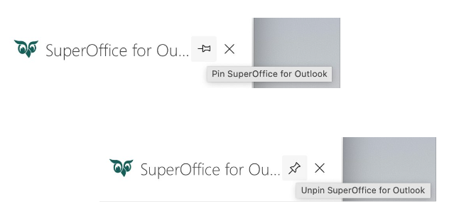 SuperOffice for Outlook, pin add-in -screenshot