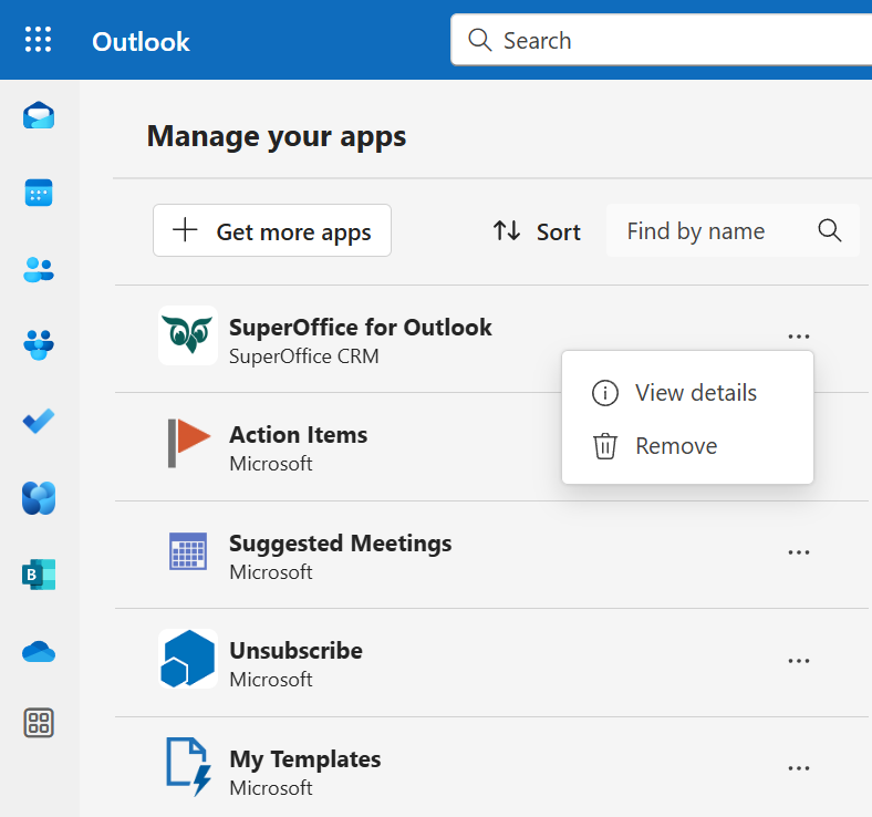 SuperOffice for Outlook, remove add-in -screenshot