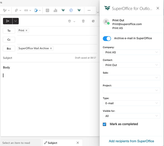 SuperOffice for Outlook, send and archive -screenshot