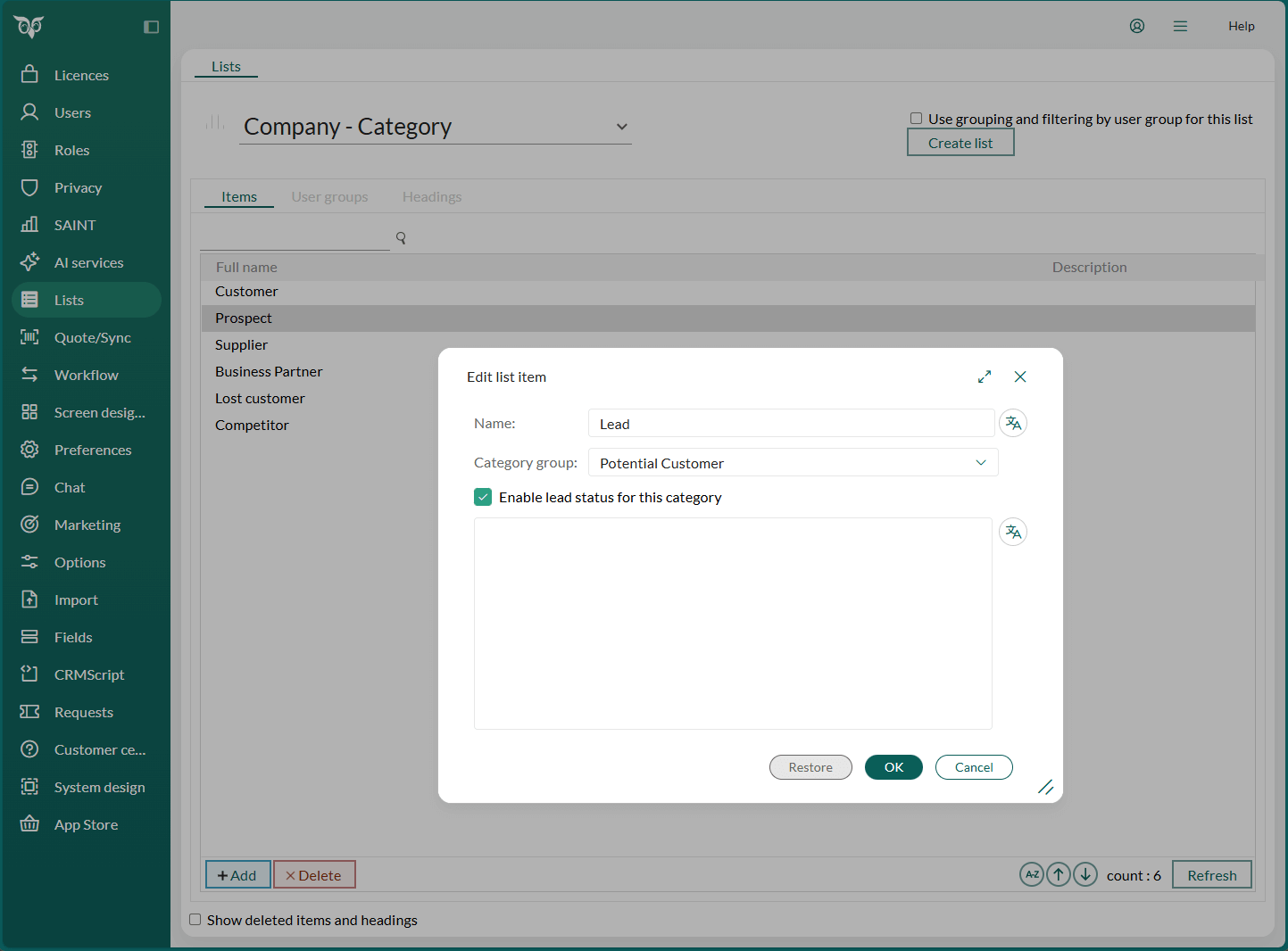 Editing a company category in the Company – Category list, showing the Potential Customer group selected and the option to enable lead status for the category. -screenshot