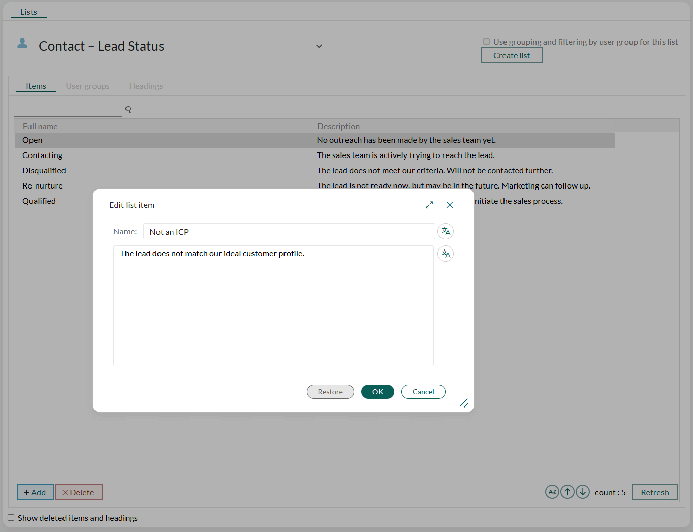 The Edit list item dialog in the Contact – Lead status list -screenshot
