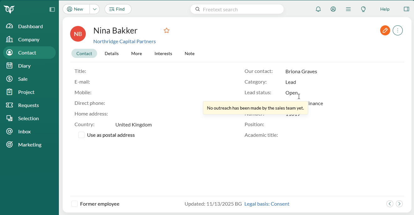 Category and lead status shown on the Contact card. -screenshot