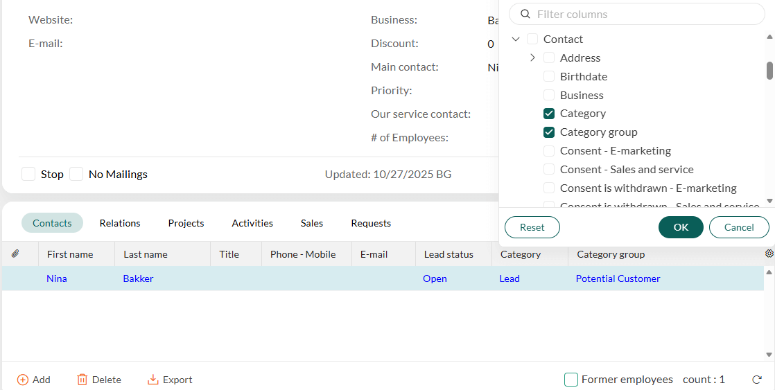 Adding Category and Category group columns to the contact section tab. -screenshot