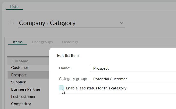 Enabling lead status for a category in the Company – Category list, with the Potential Customer group selected. -screenshot