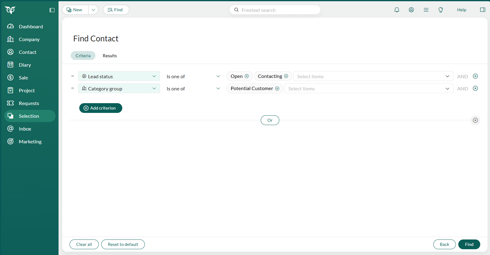Filtering contacts by Lead status and Category group in the Find Contact criteria panel. -screenshot