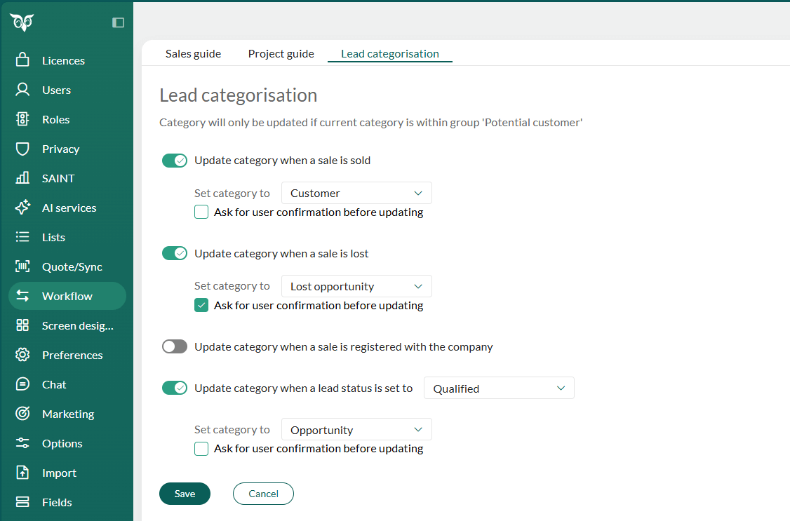 Admin workflow - Lead categorization tab showing automation toggles -screenshot