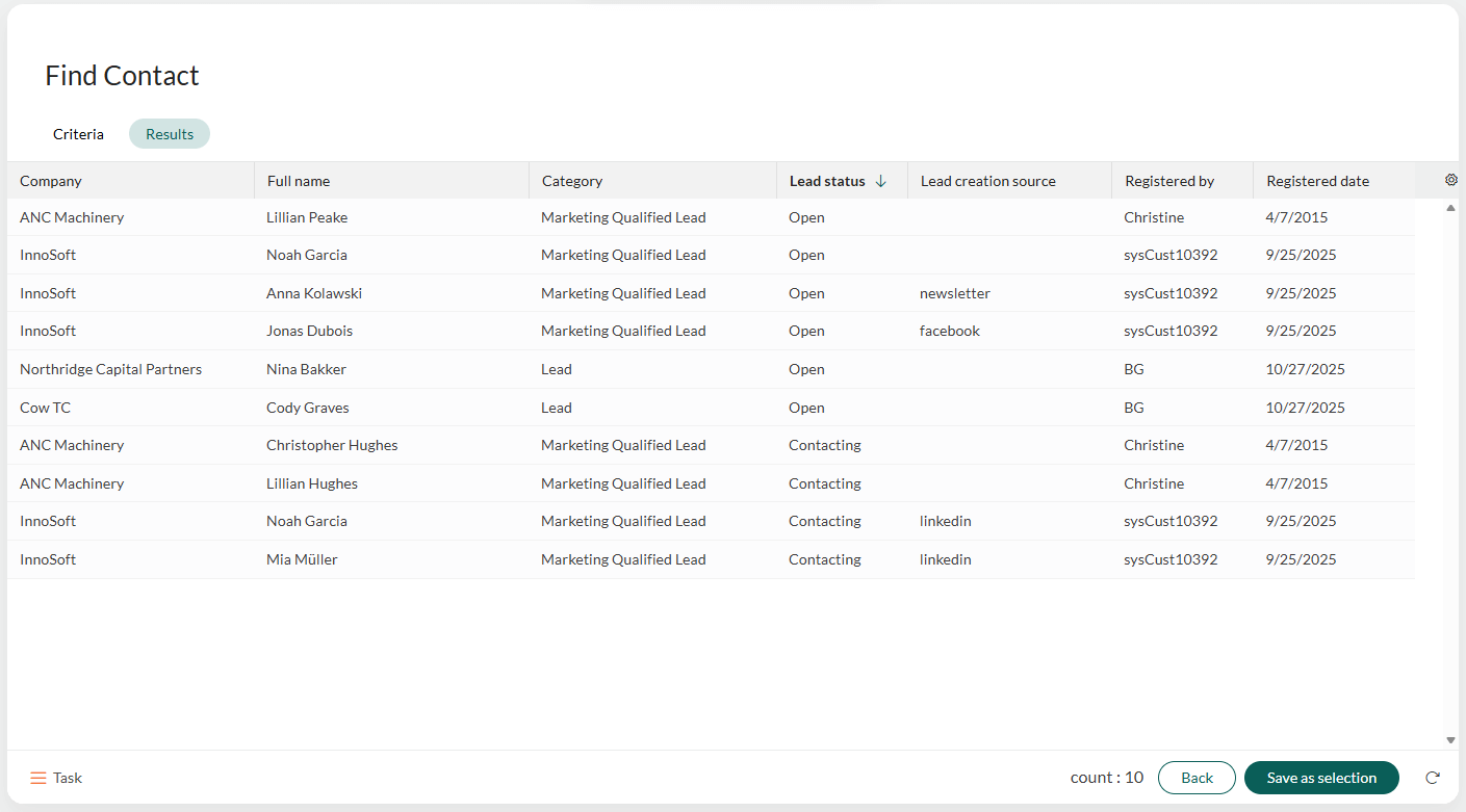 Viewing lead information in the Find Contact results, including Category, Lead status, and Lead creation source. -screenshot