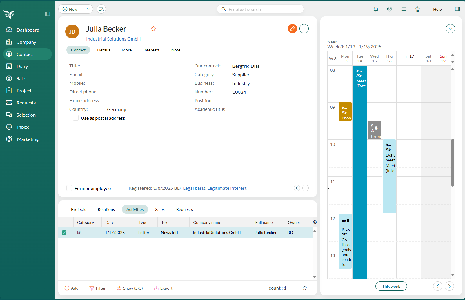 Contact card with activities and week side panel in SuperOffice CRM -screenshot