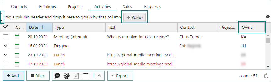 Click and drag columns to group your information -screenshot