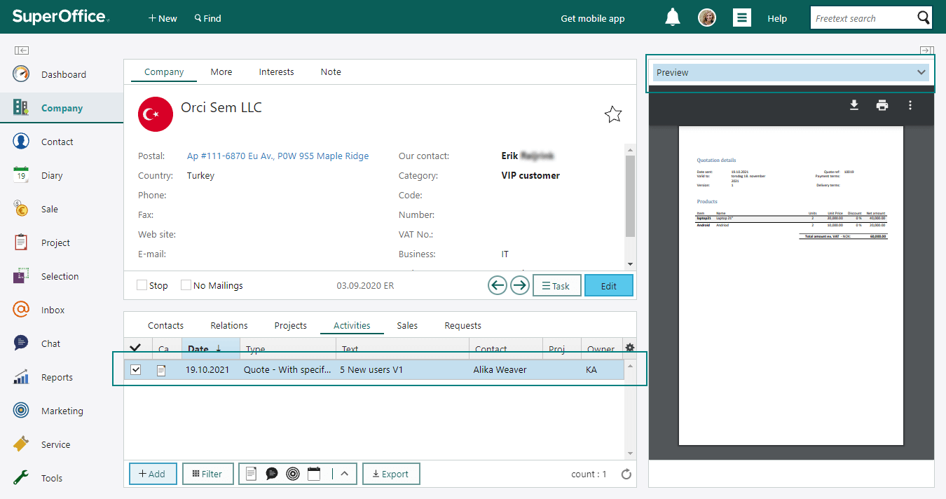 The side panel is located on the right side of SuperOffice CRM -screenshot