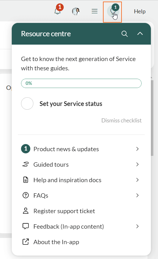 Top bar - In-app Resource centre menu -screenshot
