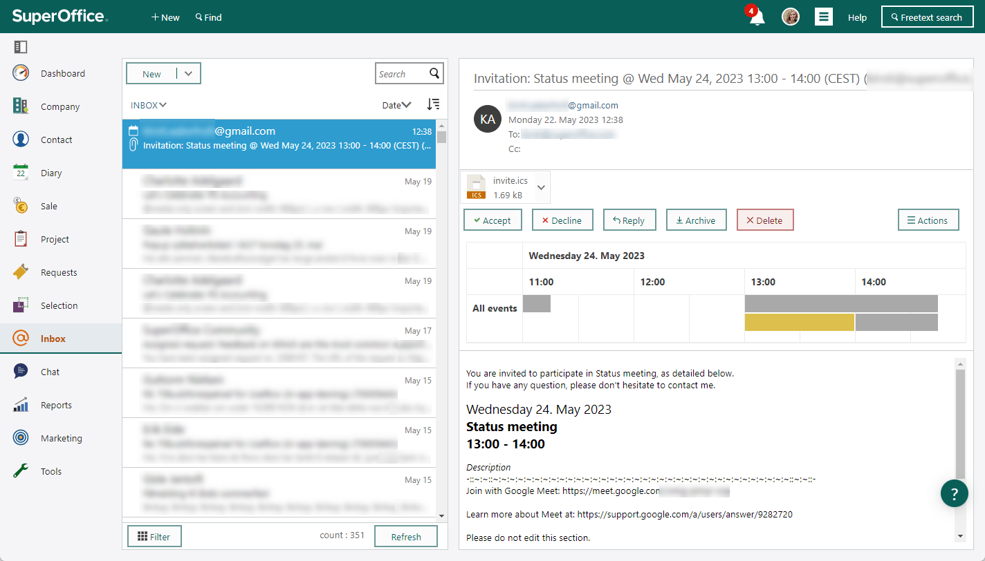 SuperOffice Inbox is set up and will get incoming invitations with Accept/Decline buttons -screenshot