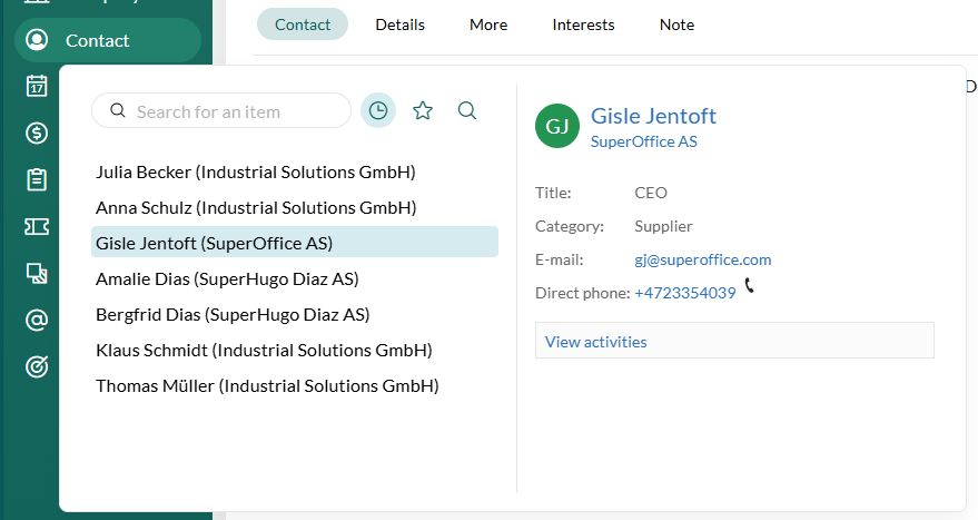 Navigator options in SuperOffice -screenshot