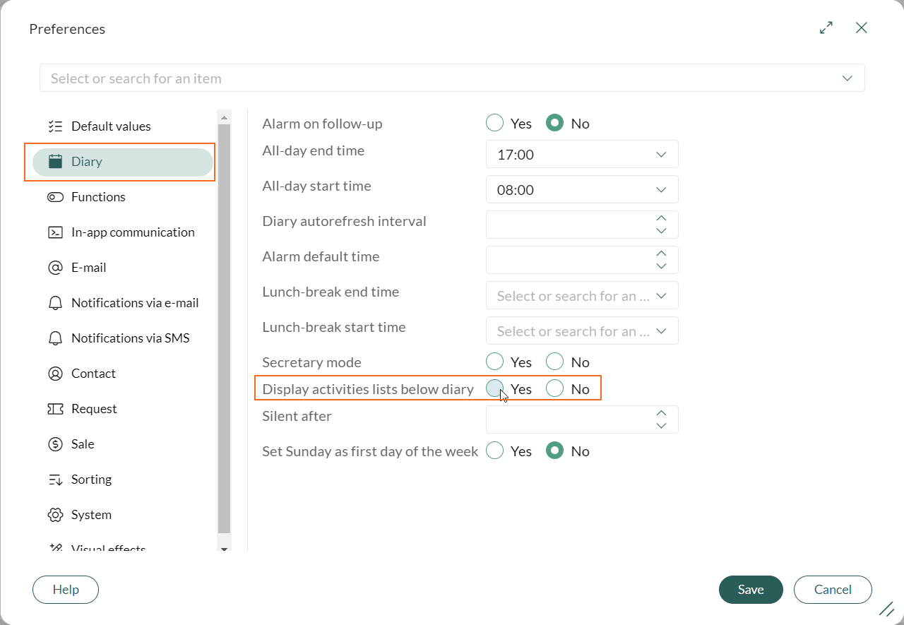 Preferences for Diary - Yes on Display activities lists below diary -screenshot
