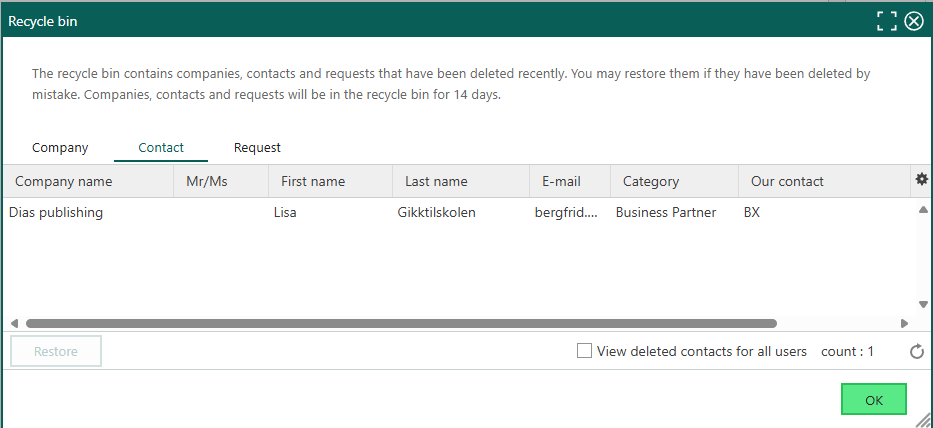 Restoring companies and contacts from the Recycle bin -screenshot