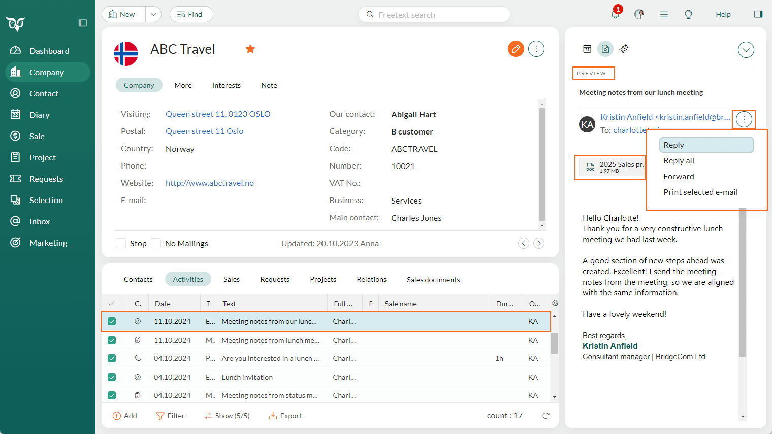Email preview with task menu options highlighted -screenshot
