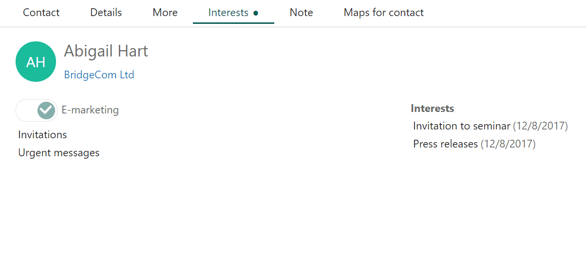 Check what a contact person's interests are in the Interest tab on the Contact card -screenshot