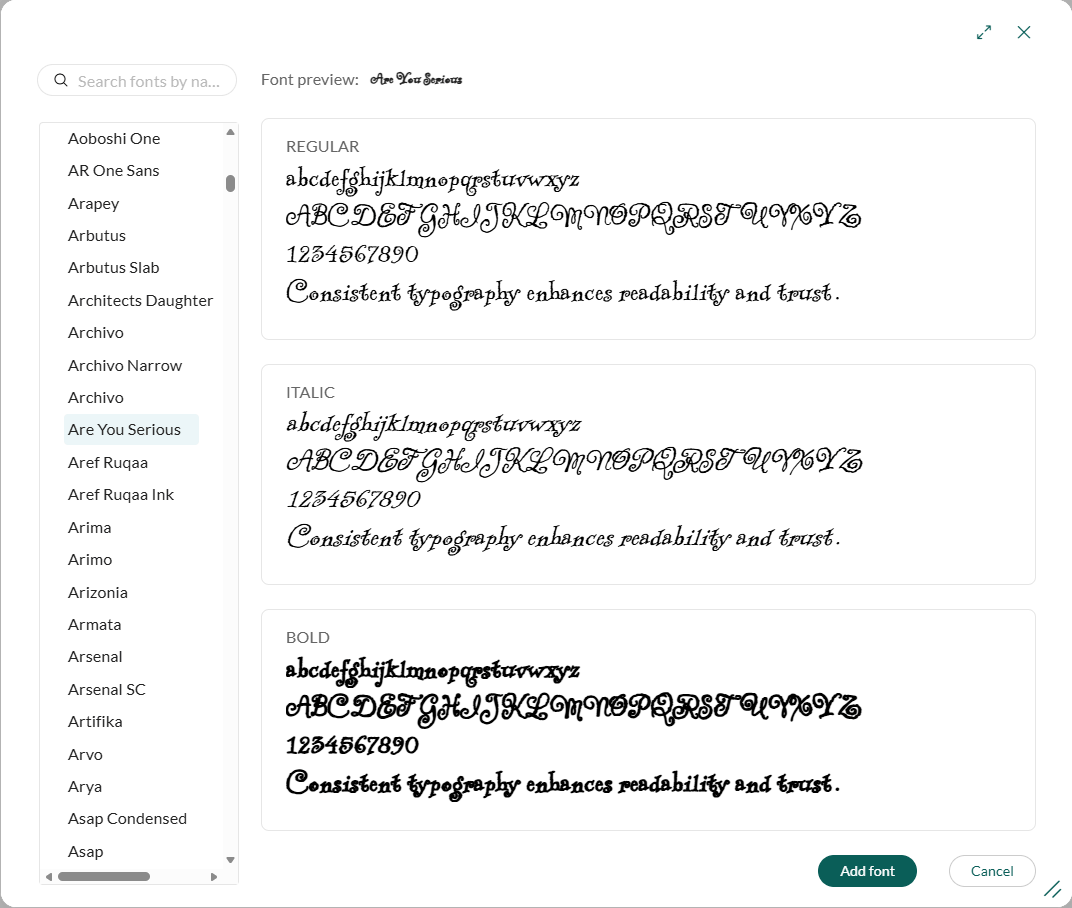 Add font dialog -screenshot