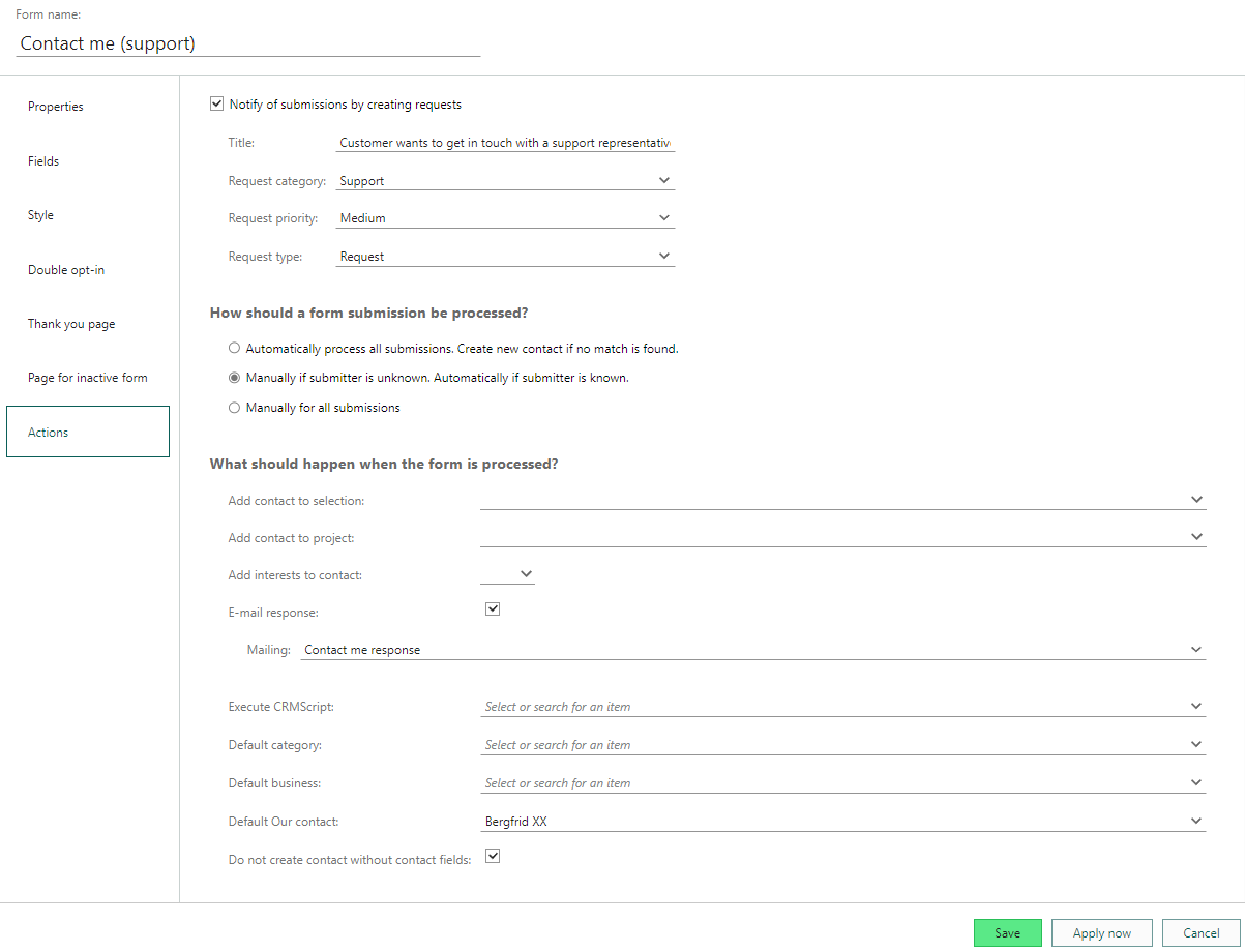 Define your form actions -screenshot