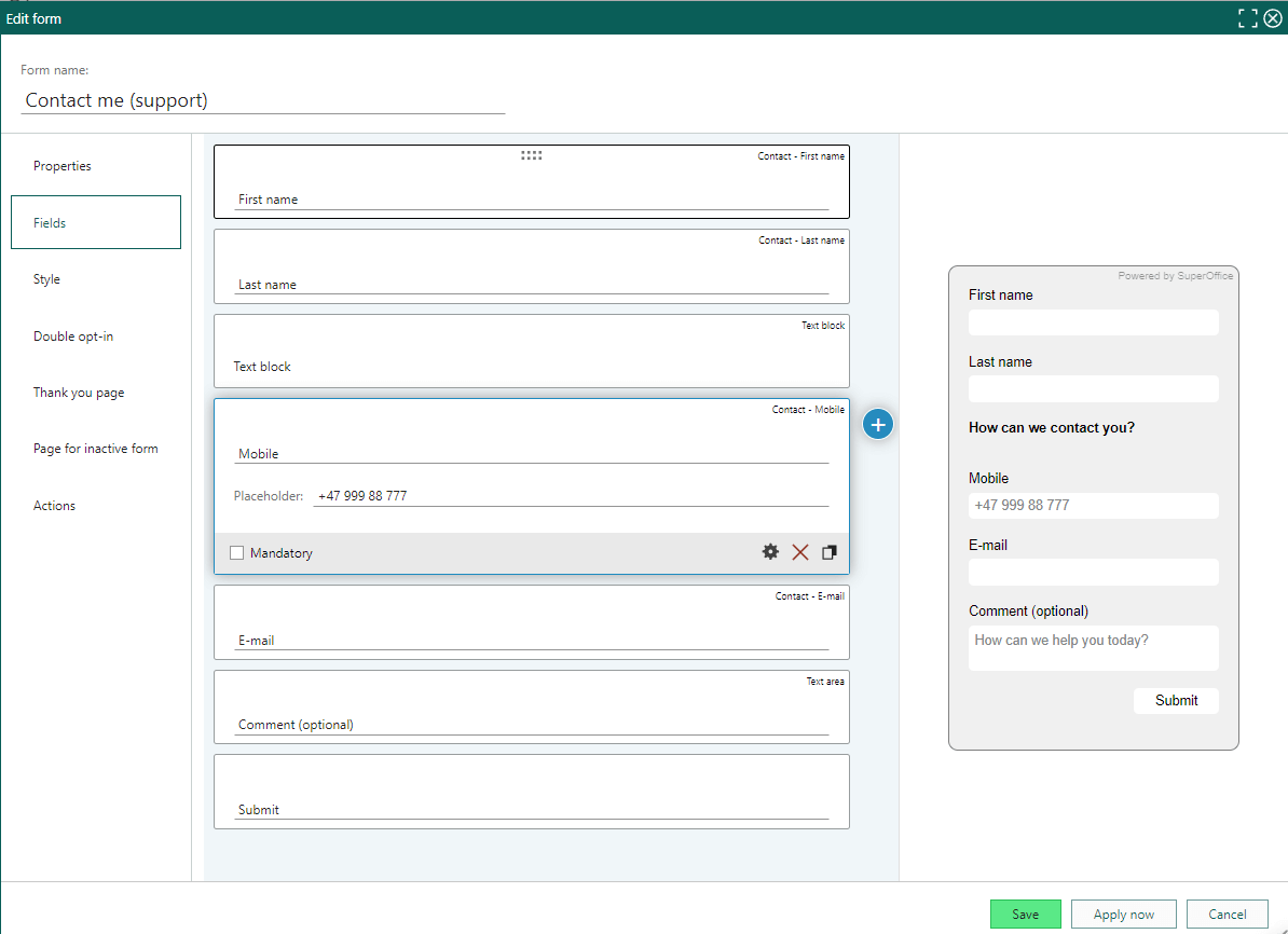 Add fields to new contact me form -screenshot