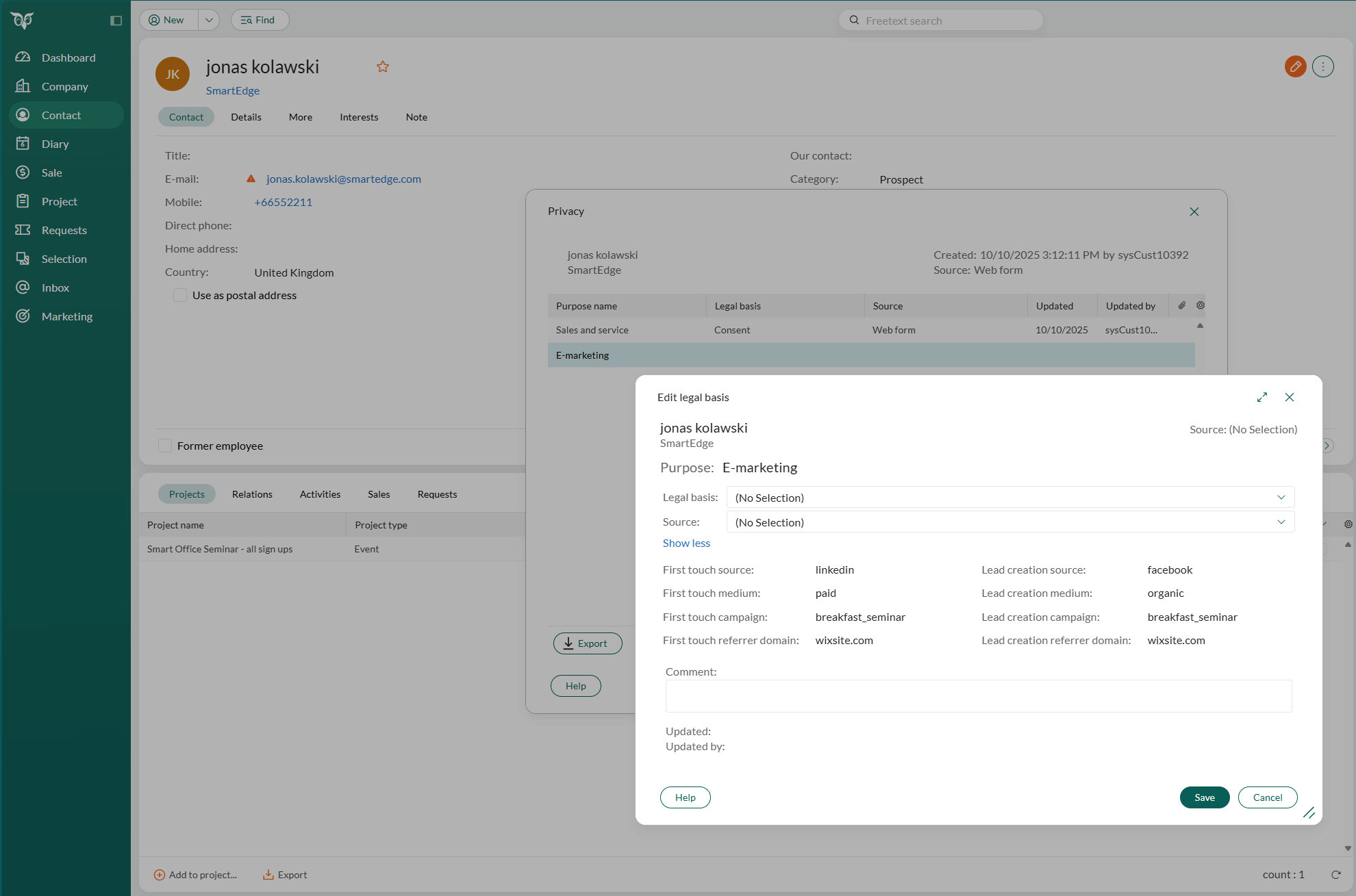 The E-marketing section in the Privacy tab showing first touch and lead creation UTM fields -screenshot