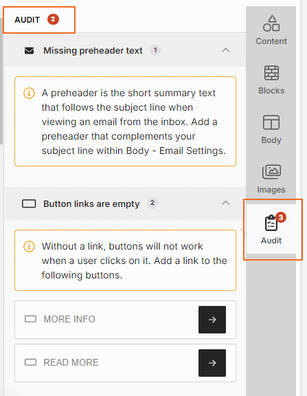 Marketing - Audit tab to check settings for email mailing -screenshot