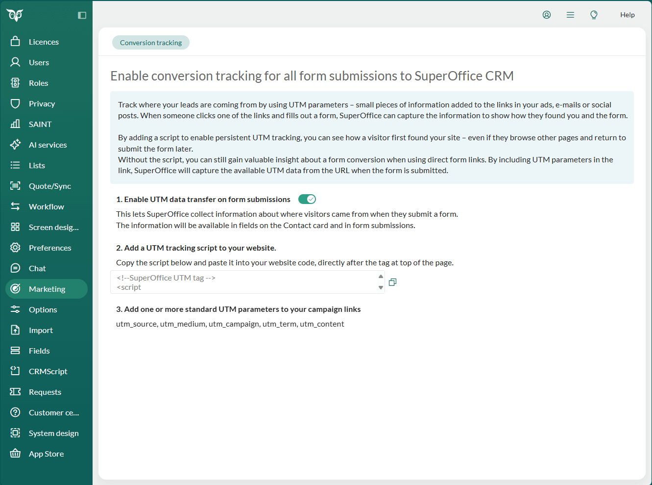 The Marketing preferences page in SuperOffice Settings and maintenance, showing the option to enable UTM data transfer on form submissions and instructions for adding a UTM tracking script and campaign parameters. -screenshot