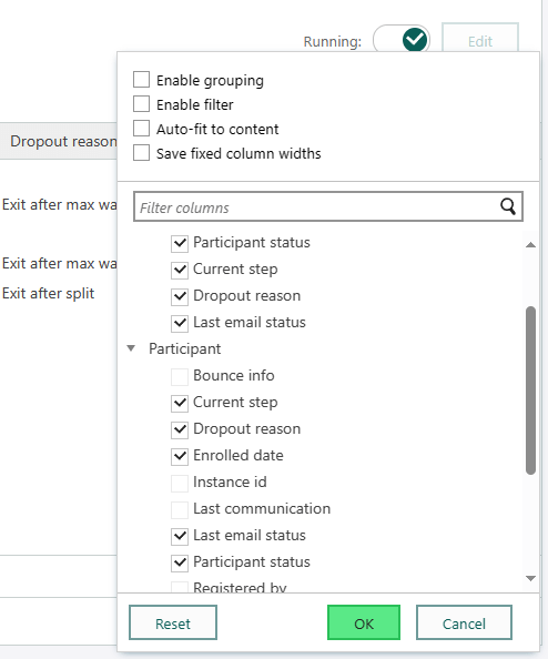 The flow participants list, customize columns -screenshot