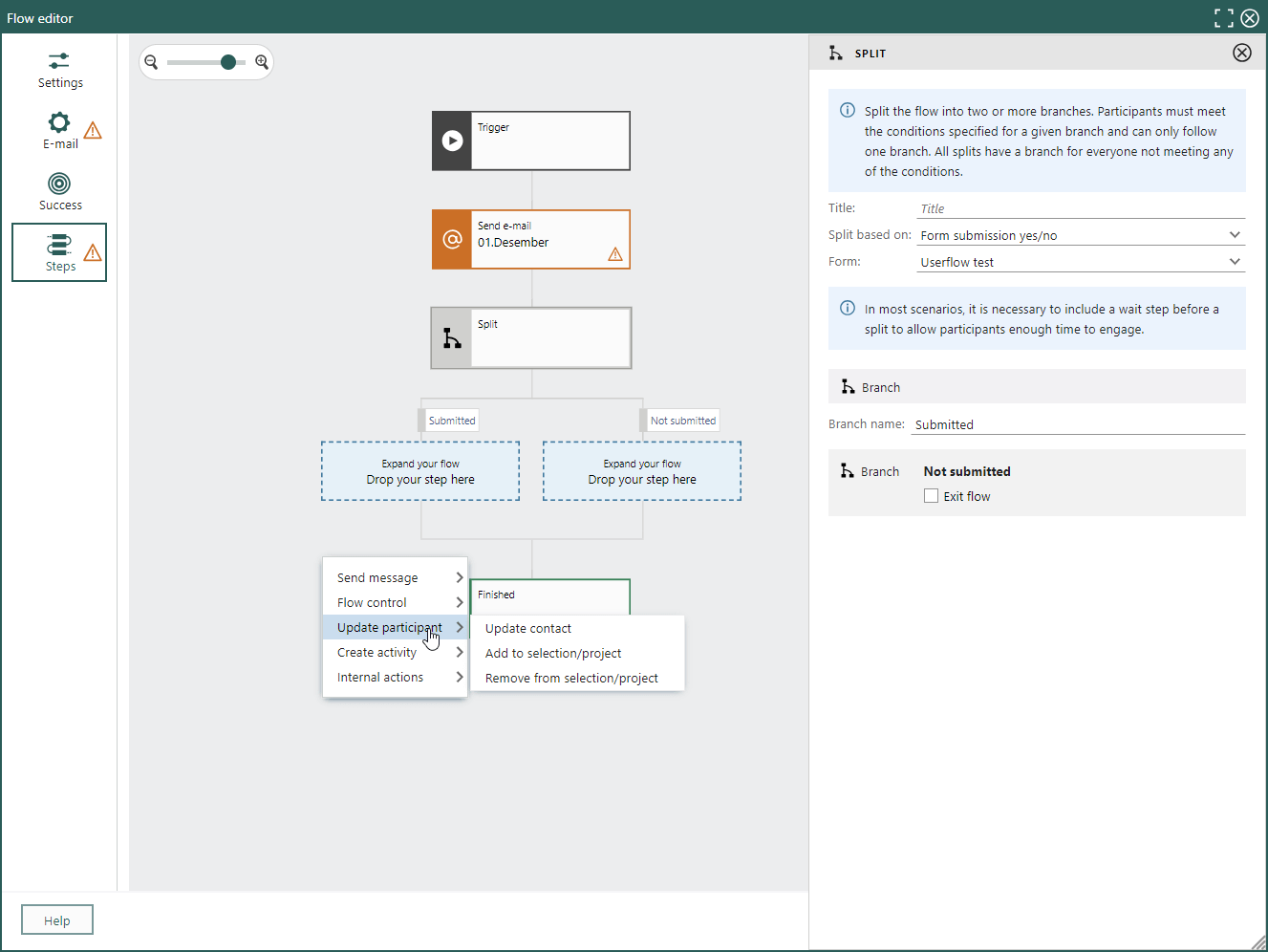 Marketing Flows - Split action for tracked open form  -screenshot