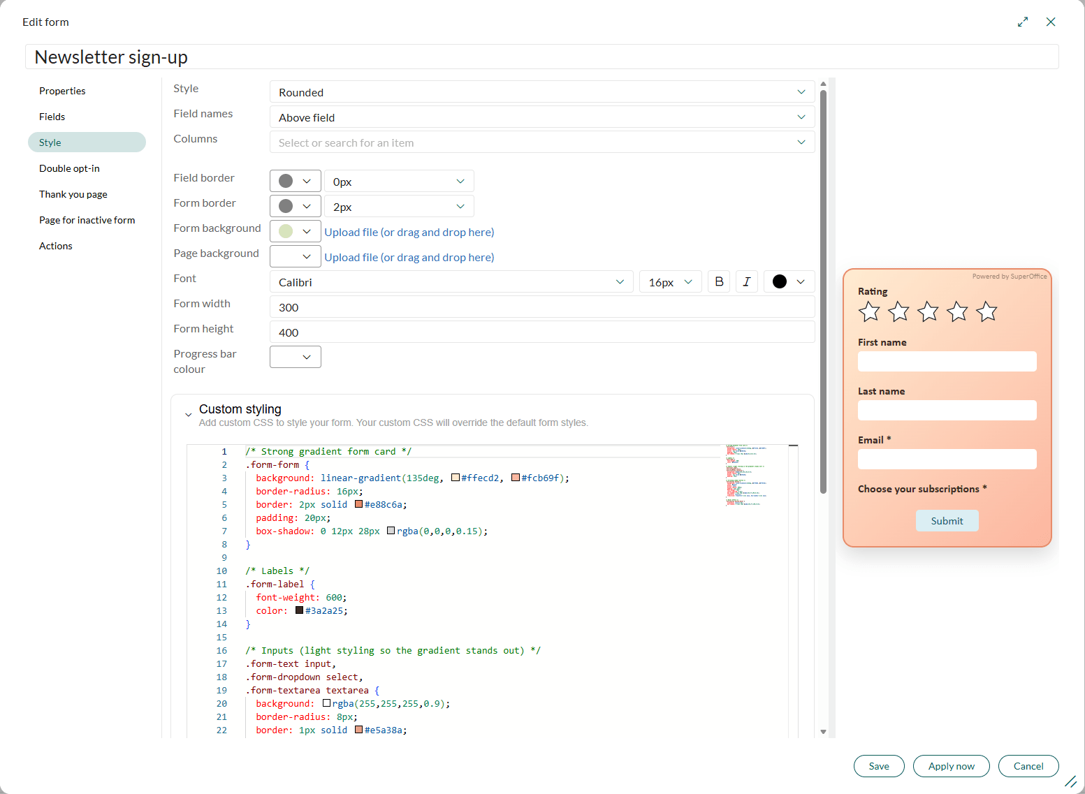 Form editor - custom styling with CSS -screenshot