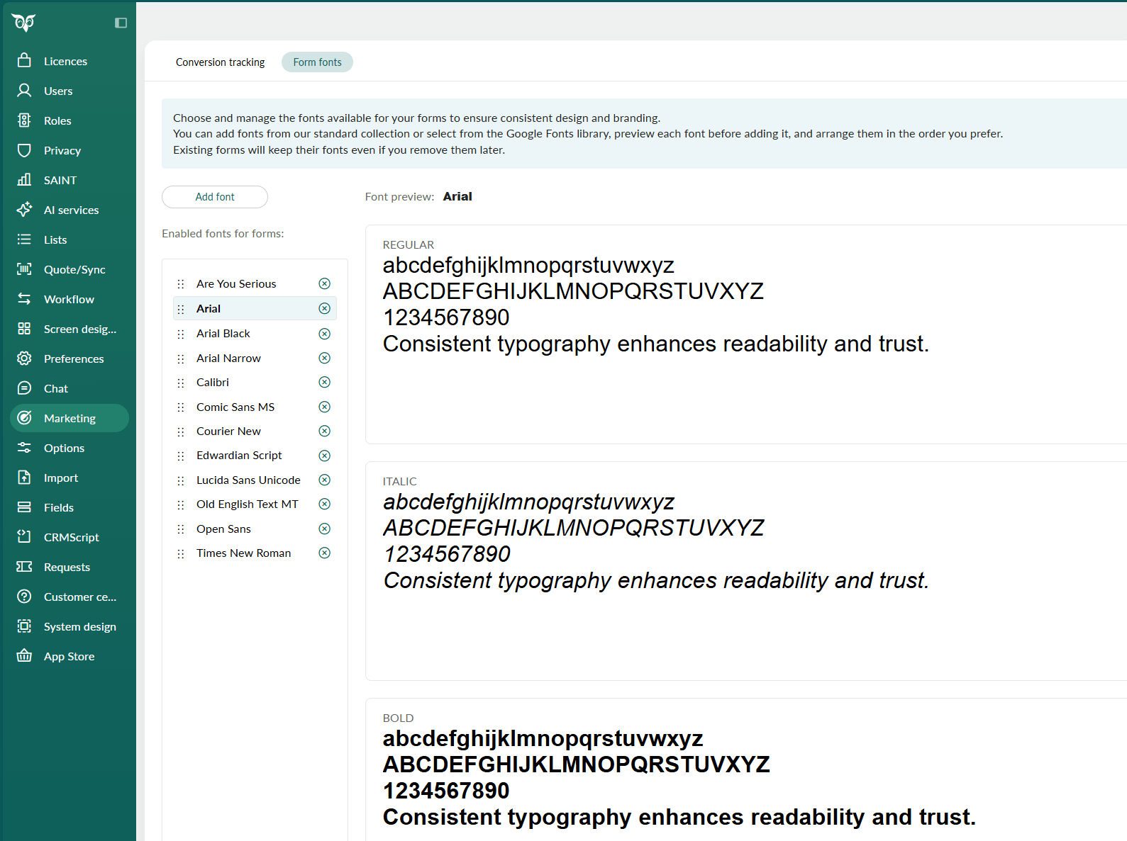Form fonts tab -screenshot