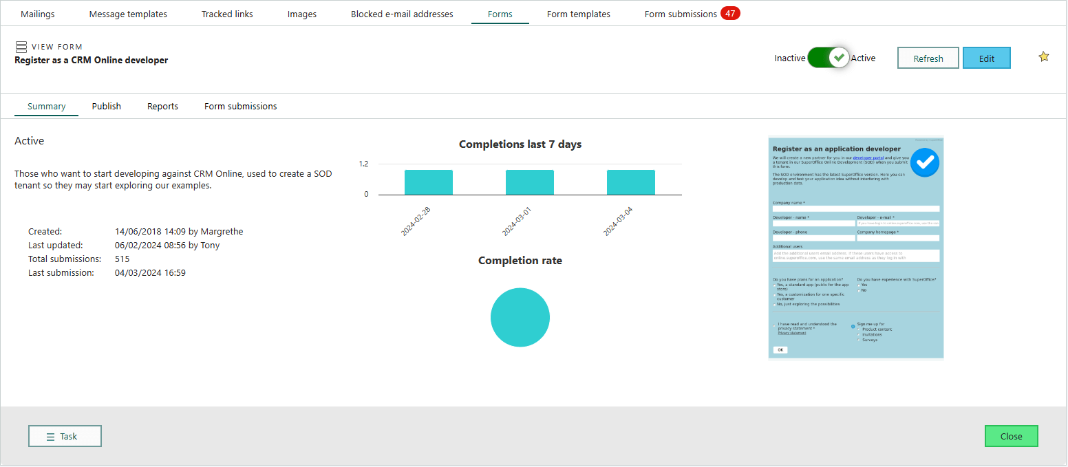 Form submission summary -screenshot